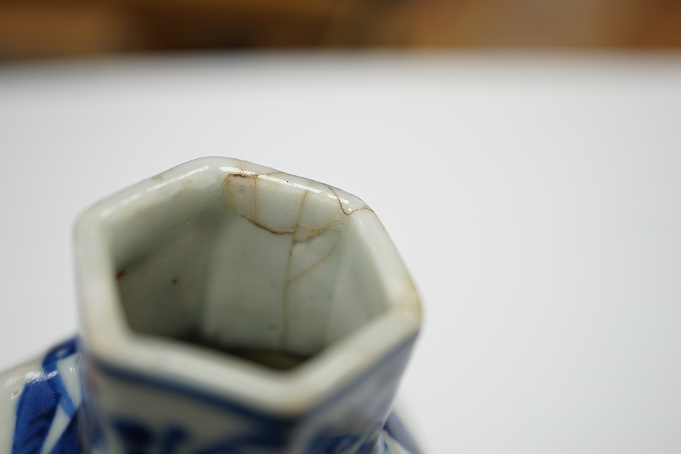 A small Chinese blue and white hexagonal vase, 19th century, 14cm